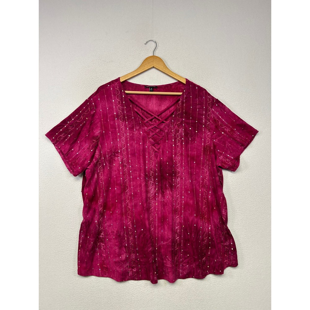 Boho Sparkly Sami & Jo Women 3X Magenta Pink Sequin Strappy V-Neck Blouse Top